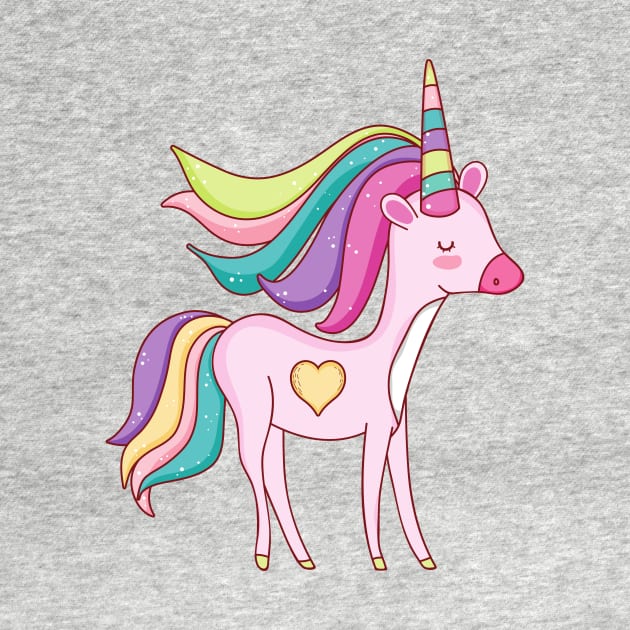 Cute Little Unicorn With Heart, Line Drawing White, Pink, Purple, Green & Yellow by Vegan Squad